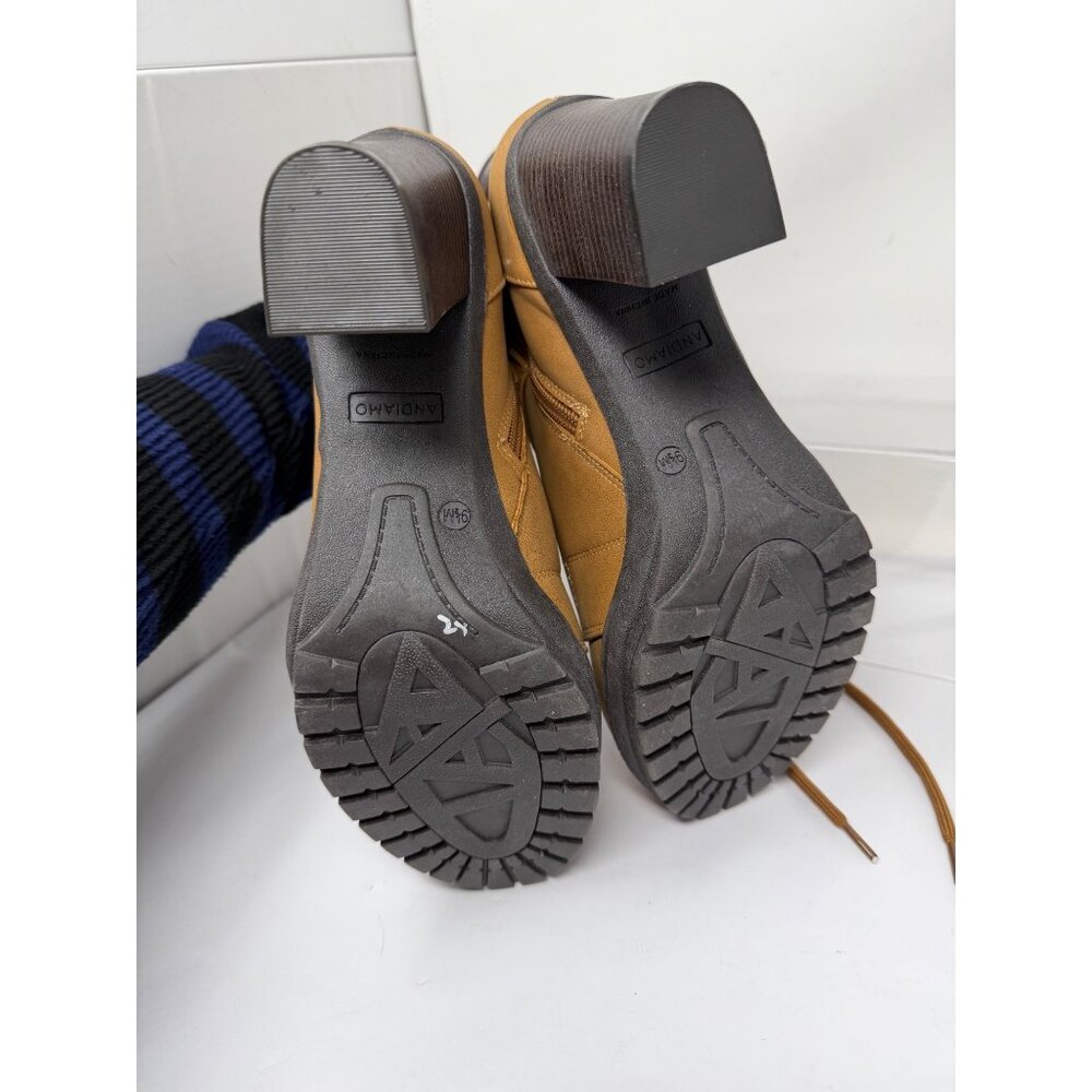 Andiamo Womens Tan Lace Up Heeled Ankle Boots Size 9.5 Faux Leather Zip Booties - Picture 7 of 9